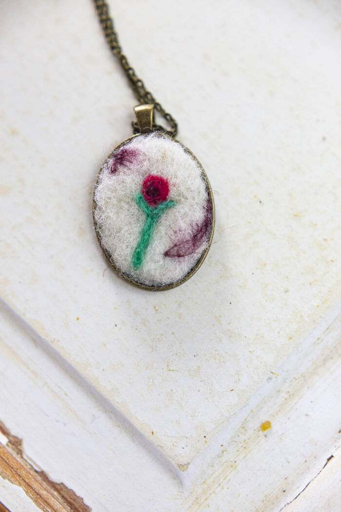 felted wool rose pendant necklace