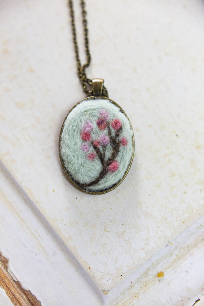 hand felted wool cherry blossom pendant necklace